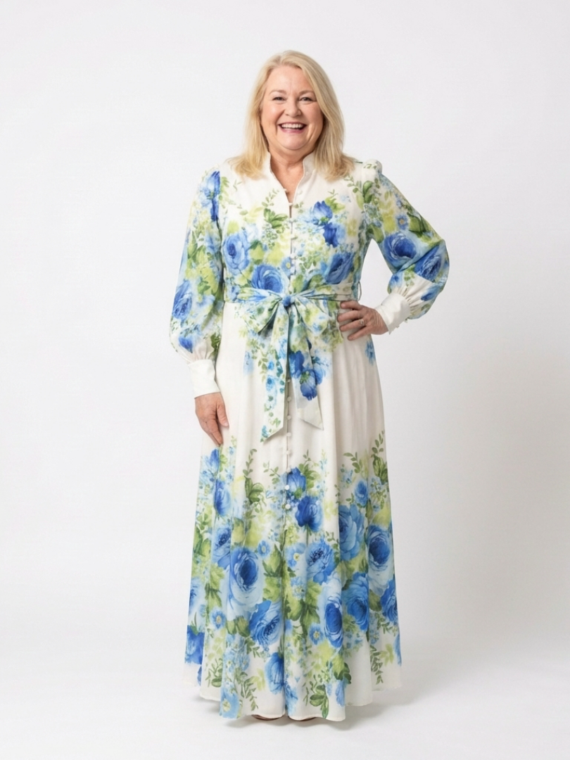 Floral Band Collar Long Sleeve Button Front Belted Maxi Dress