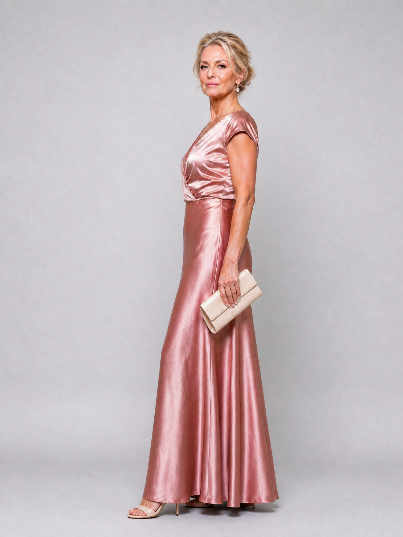 Surplice V-Neck Cap Sleeve Satin Maxi Gown