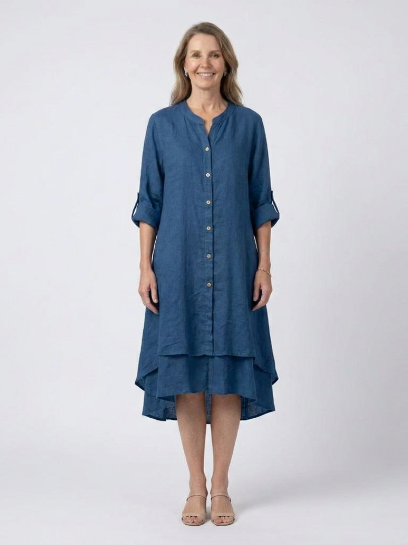Band Collar Button Front Roll Tab Sleeve High Low Shirt Dress
