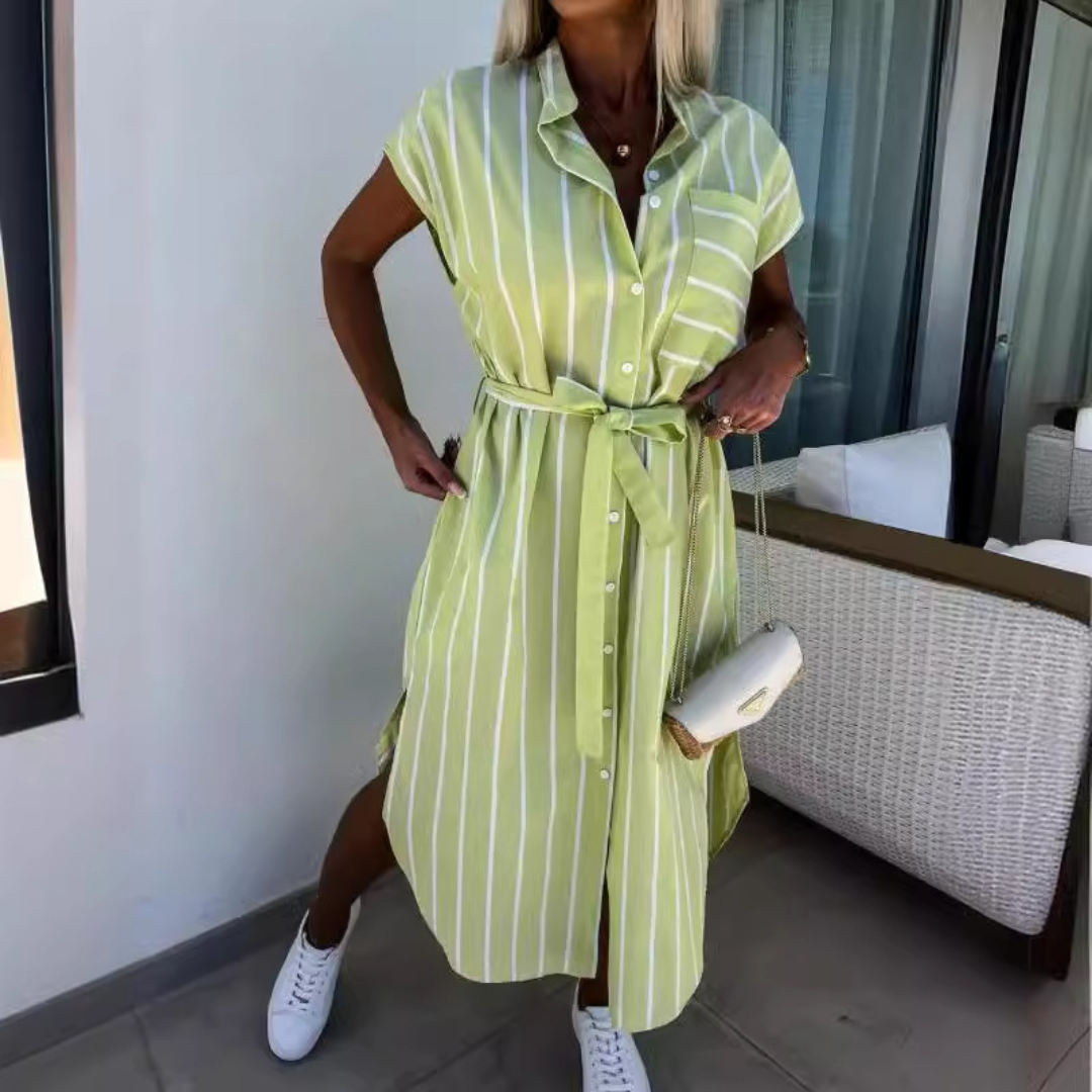 Striped Collared Cap Sleeve Belted Button Front Midi Shirt Dress