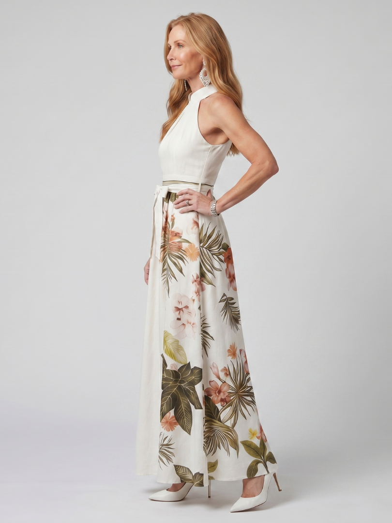 Halter Neck Tie Waist Botanical Floral Maxi Dress