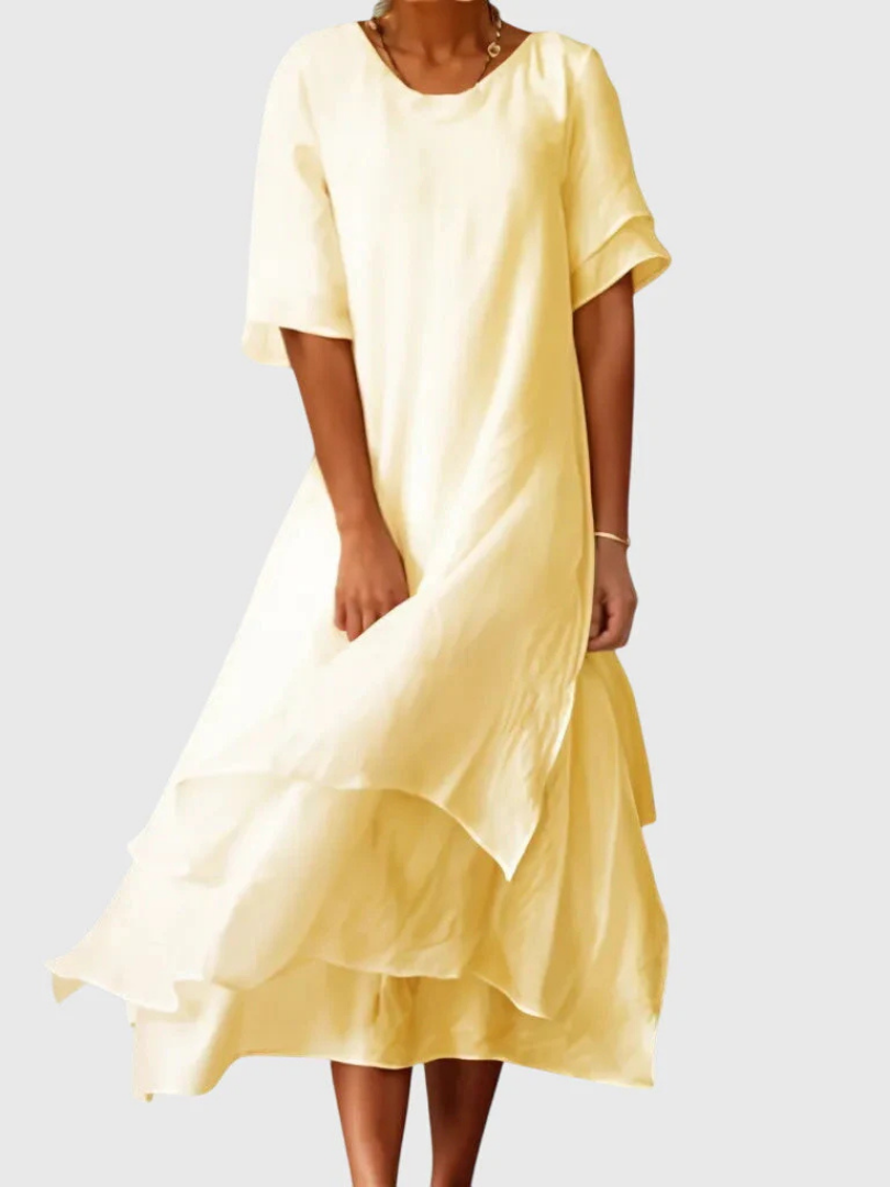 Round Neck Short Sleeve Layered Chiffon Midi Dress