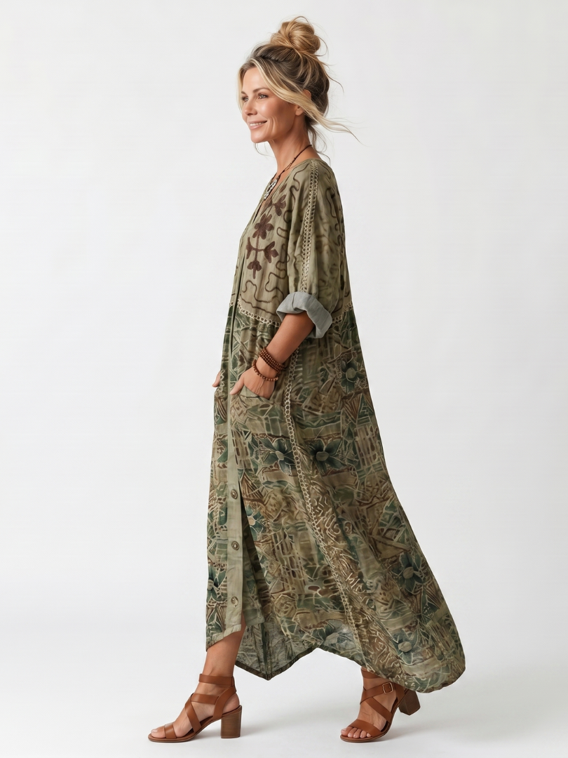Printed V-Neck Button Front Pocket Oversized Maxi Dress
