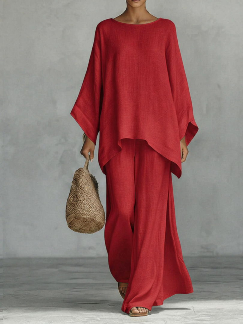 Boat Neck Top and Wide Leg Pants Two Piece Set