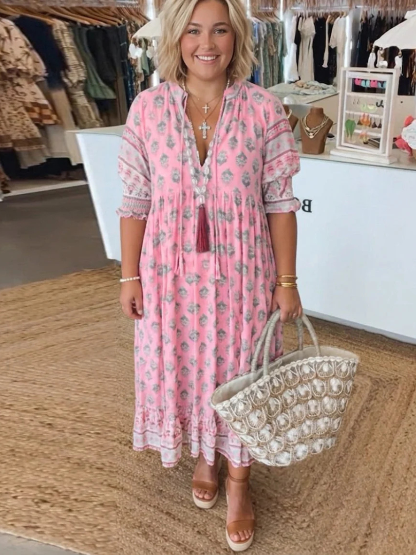 Floral Print V-Neck Bell Sleeve Tiered Boho Maxi Dress