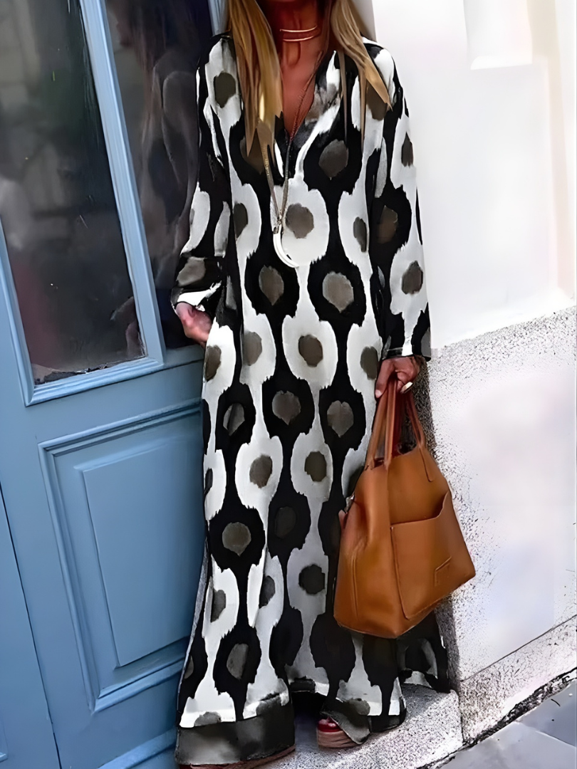 Ikat Print Long Sleeve Split Neck Maxi Dress
