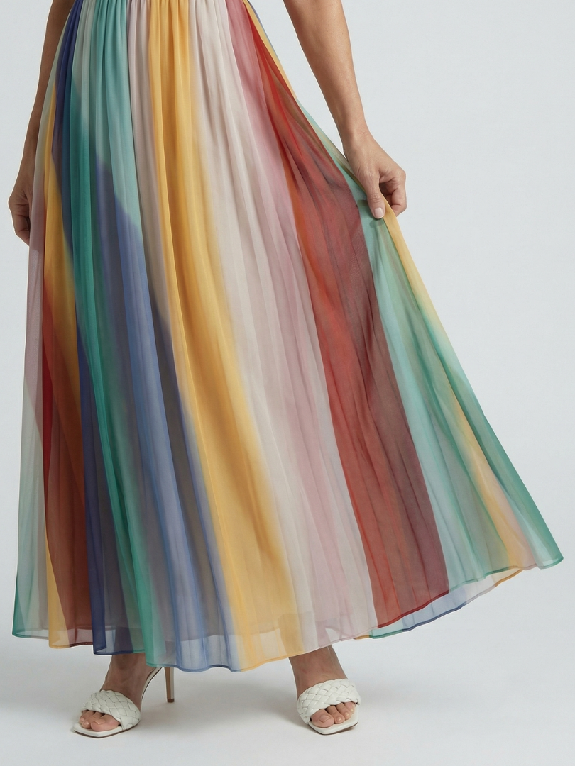 Striped Strapless Pleated Maxi Dress