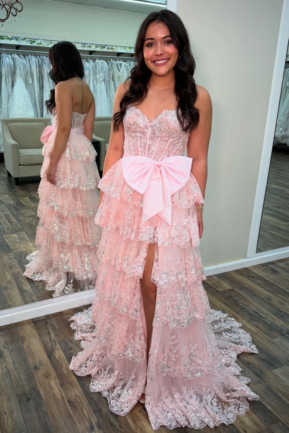 Sparkly Pink A-Line Sweetheart Long Tiered Sequin Prom Dress with Slit