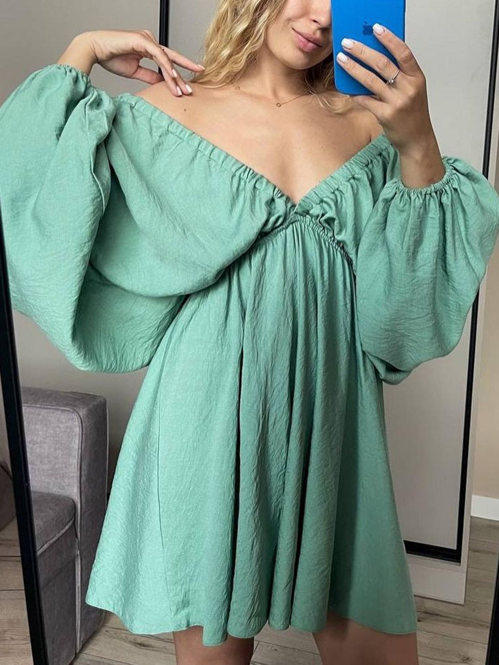 Deep V-Neck Balloon Sleeve Ruched Babydoll Mini Dress