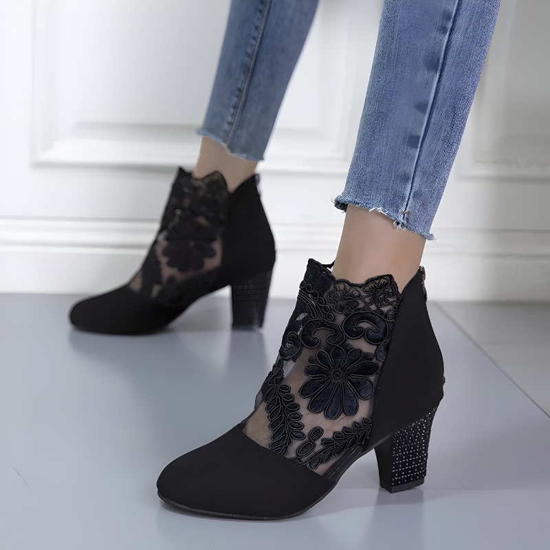 Floral Lace Mesh Embellished Block Heel Ankle Boots