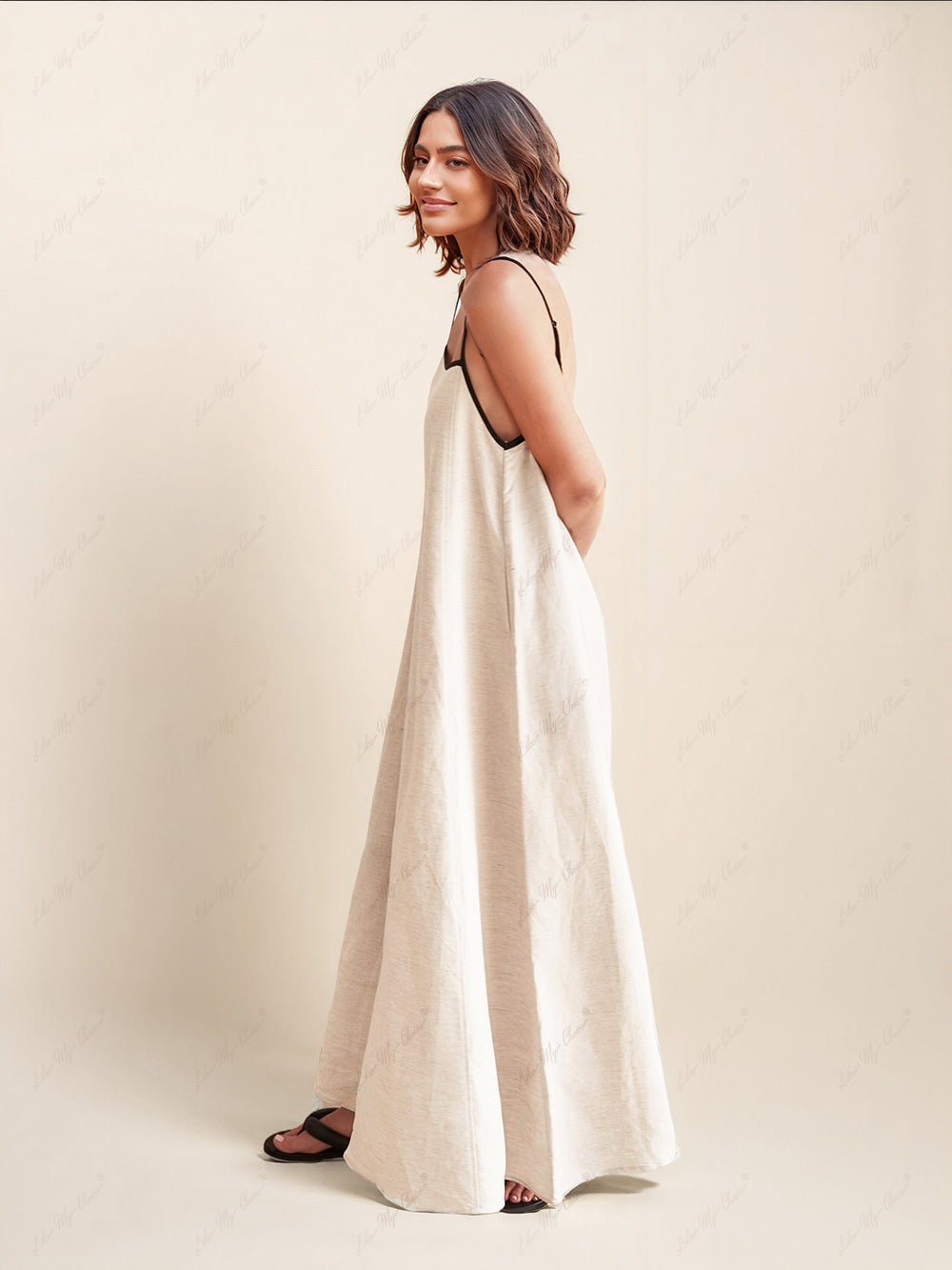 Contrast Trim Straight Neck Spaghetti Strap Linen-Look Trapeze Maxi Dress 4