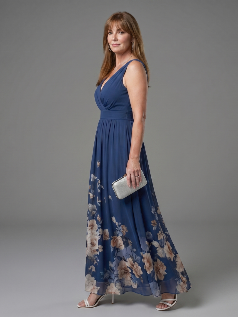 Clarissa | Sleeveless V-Neck Soft Floral Hem Midi Dress