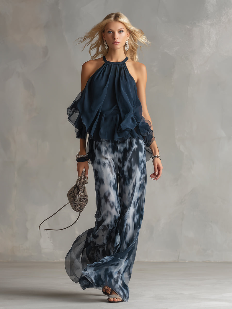 Halter Neck Ruffle Top and Wide Leg Pants Two Piece Set