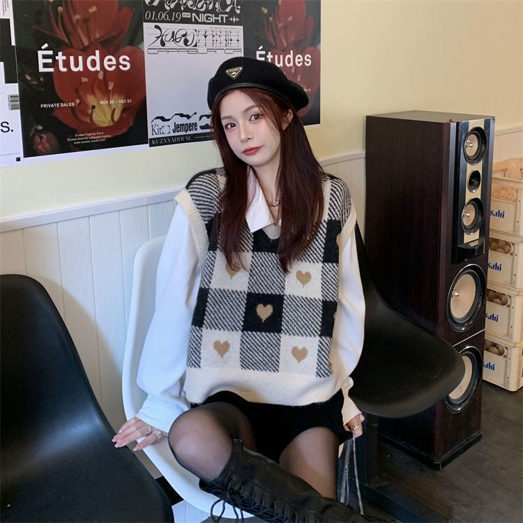Cute Love Plaid V-Neck Vest Sweater