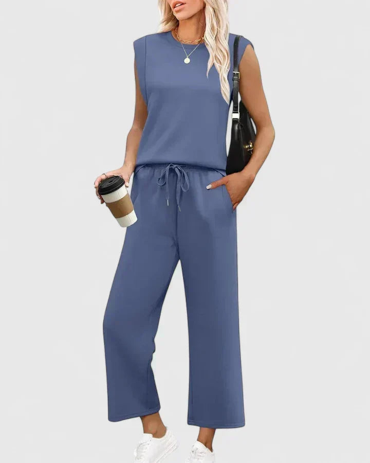 Sleeveless Top and Drawstring Wide Leg Pants Two Piece Set