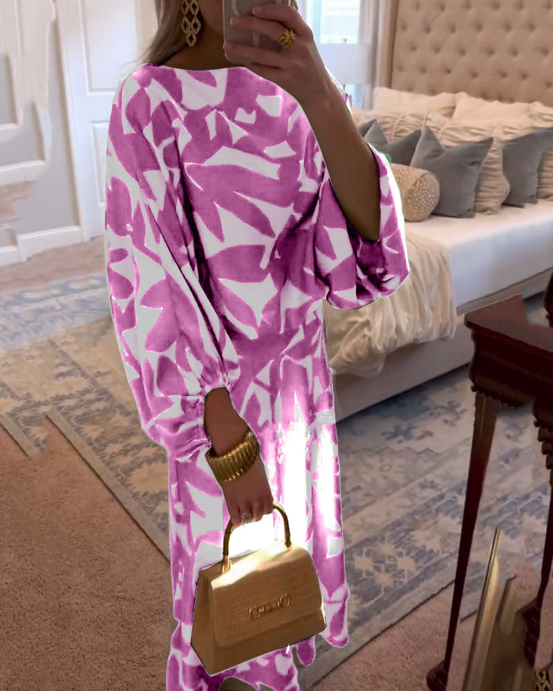 Abstract Print Lantern Sleeve Top and Midi Skirt Two Piece Set