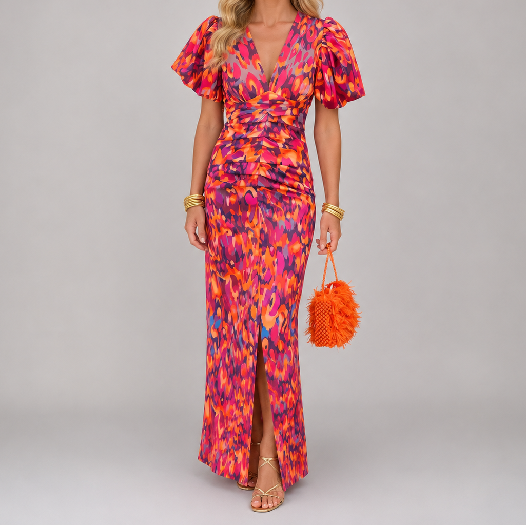 Ikat Print Deep V-Neck Puff Sleeve High Split Maxi Dress