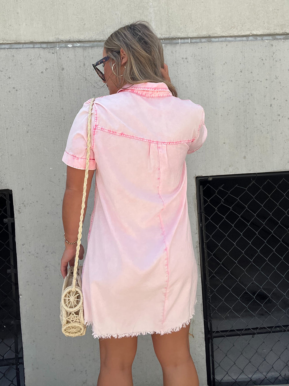 Collared Short Sleeve Button Placket Frayed Hem Mini Dress