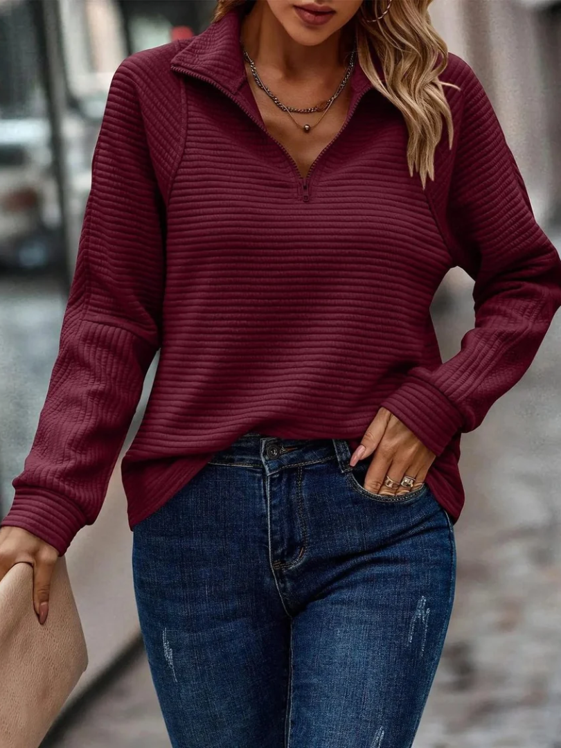 Quarter Zip Collared Long Sleeve Ribbed Sweatshirt