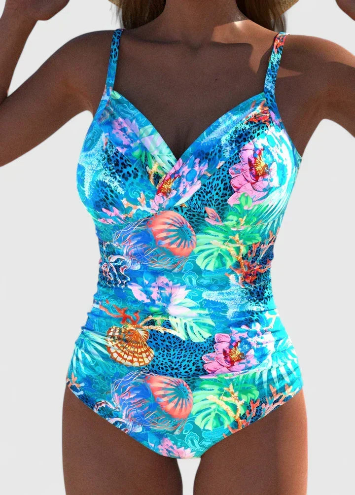 Tropical Floral Ruched One Piece Swimsuit