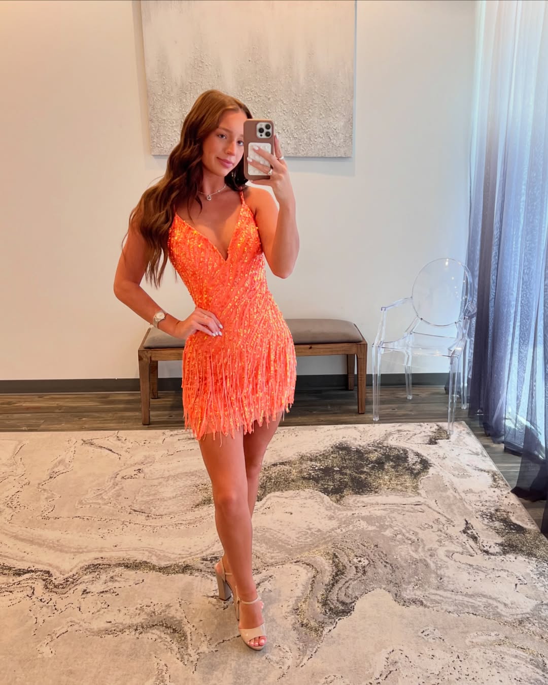 Sparkly Sheath Spaghetti Straps Orange Sequins Short Homecoming Dress with Tassel