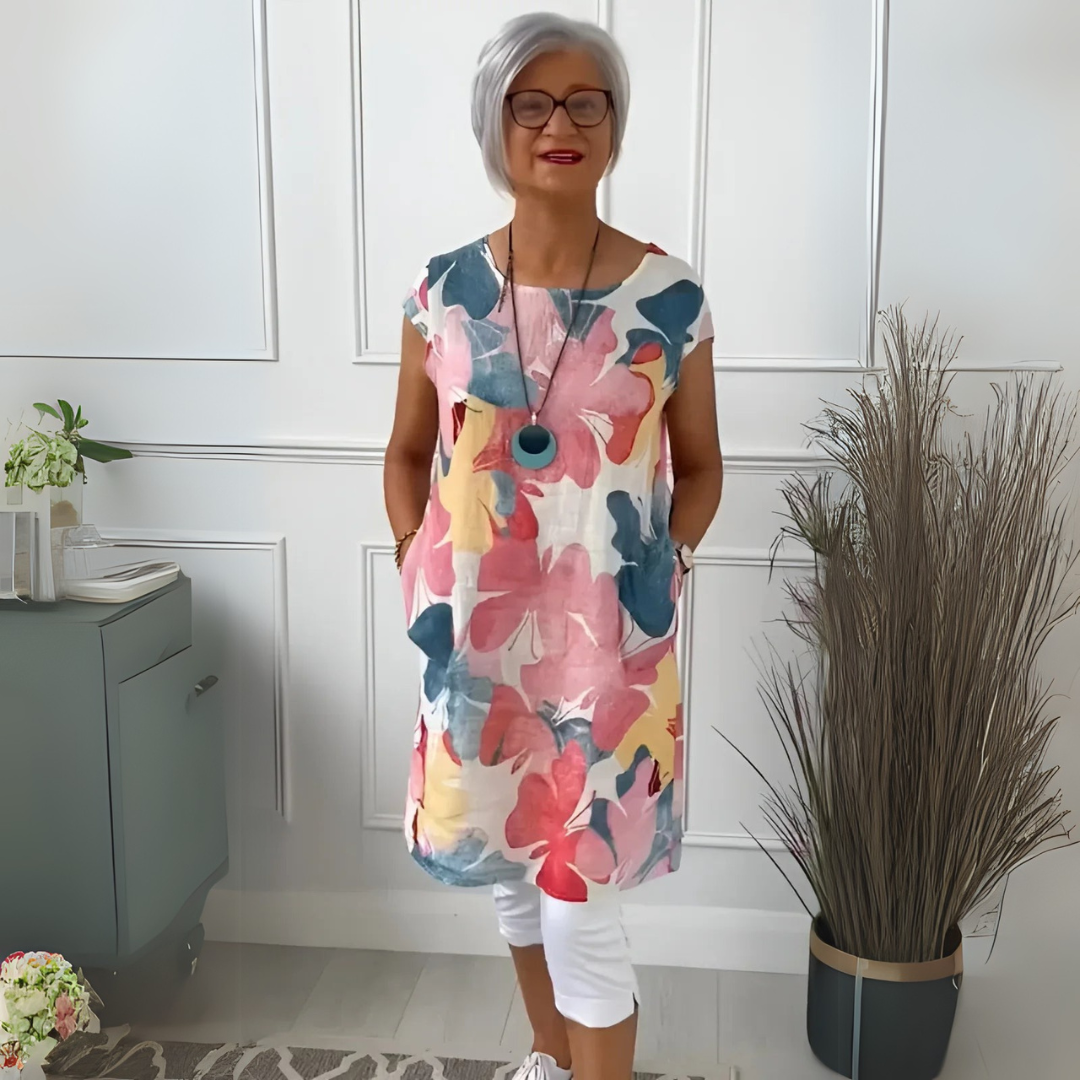 Watercolor Floral Round Neck Short Sleeve Tunic Dress