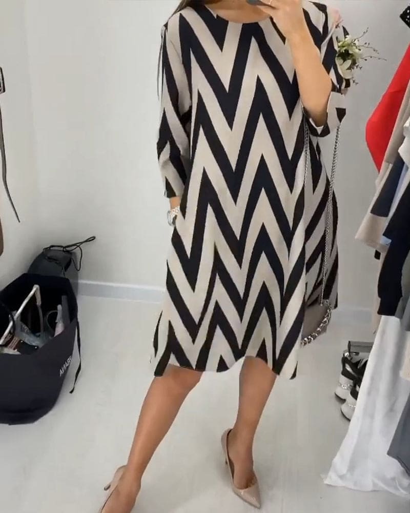 Chevron Print Crew Neck Elbow Sleeve Shift Mini Dress
