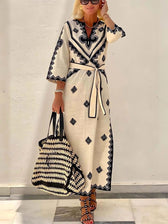 Aztec Print Long Sleeve Belted Maxi Dress