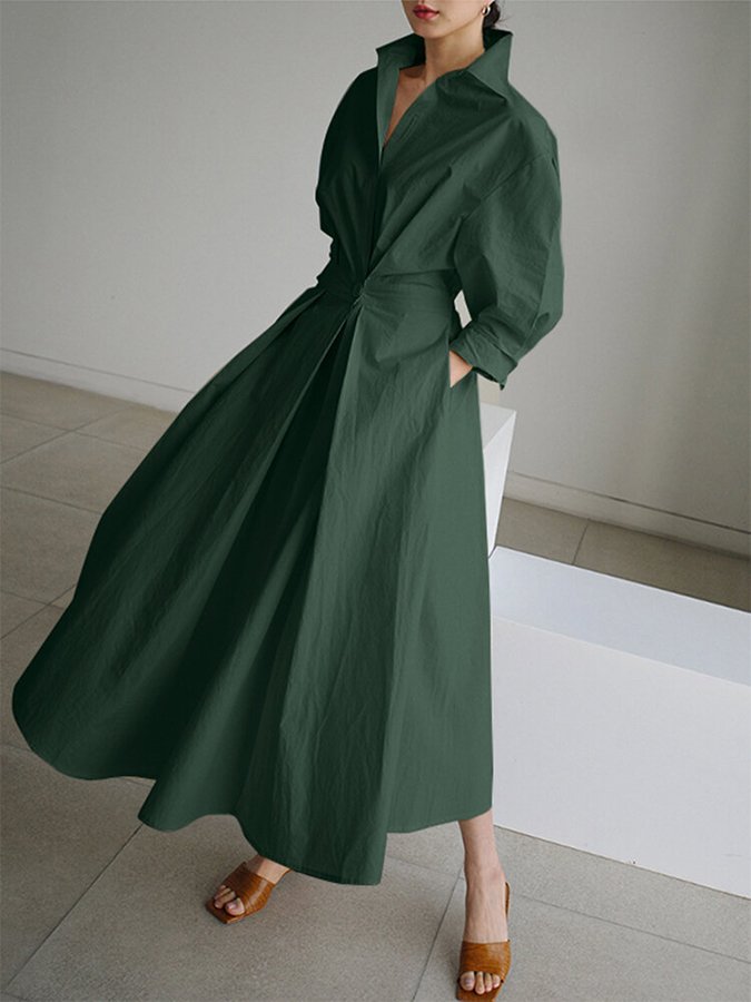 Collared Long Sleeve Pleated Waist A-Line Maxi Shirt Dress