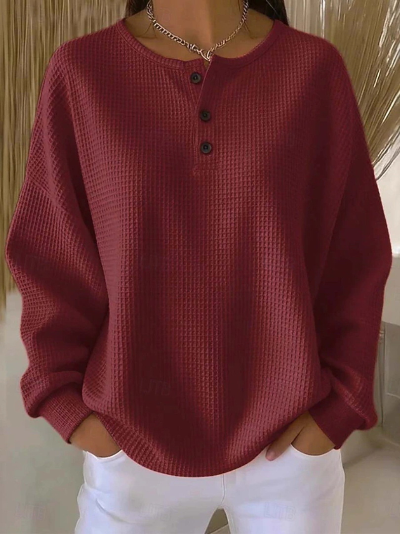 Waffle Knit Button Placket Long Sleeve Henley Top