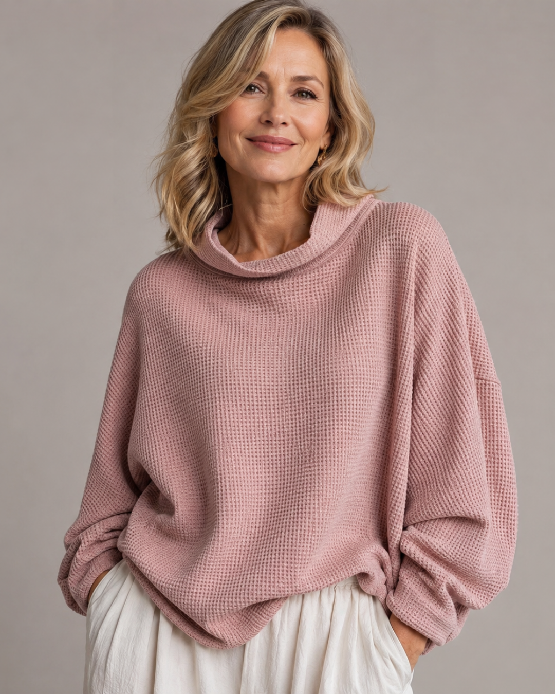 Waffle Knit Cowl Neck Oversized Long Sleeve Sweater