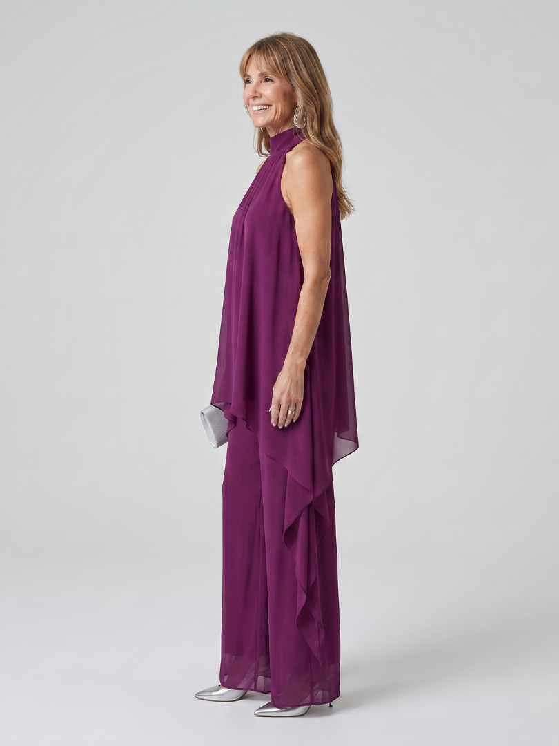 Halter Neck Chiffon Overlay Top and Wide Leg Pants Two Piece Set