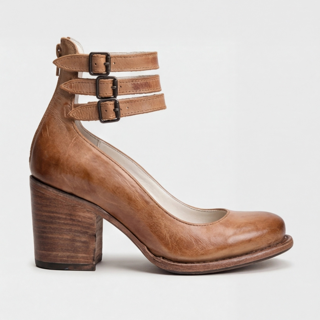Round Toe Triple Ankle Strap Buckle Block Heel Pumps