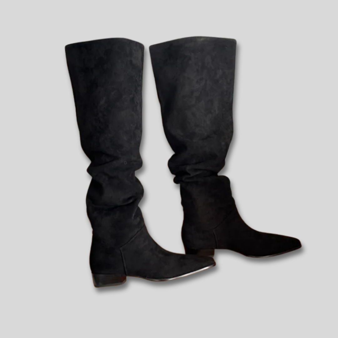 Suede Look Pointed Toe Slouchy Knee High Boots
