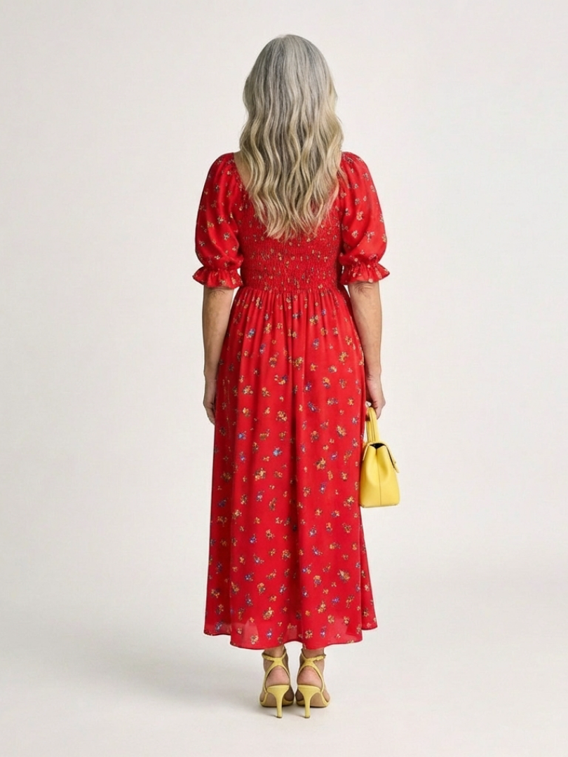 Floral Square Neck Puff Sleeve Smocked Midi Dress
