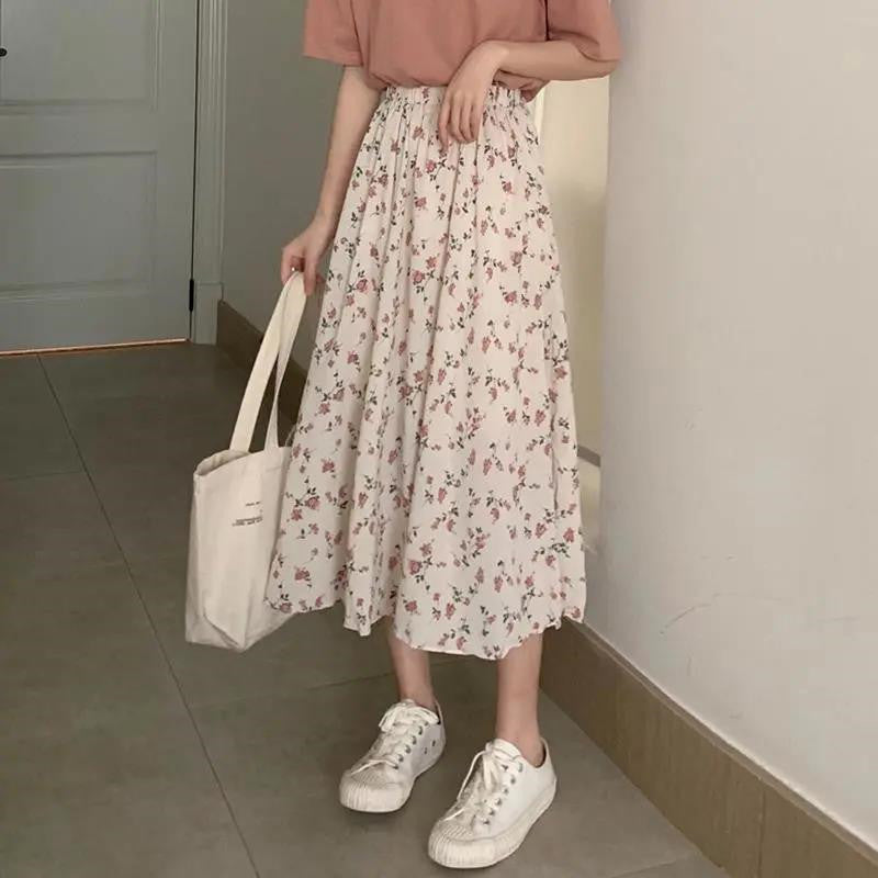 Flowers Pattern Pleated Long Casual Skirts