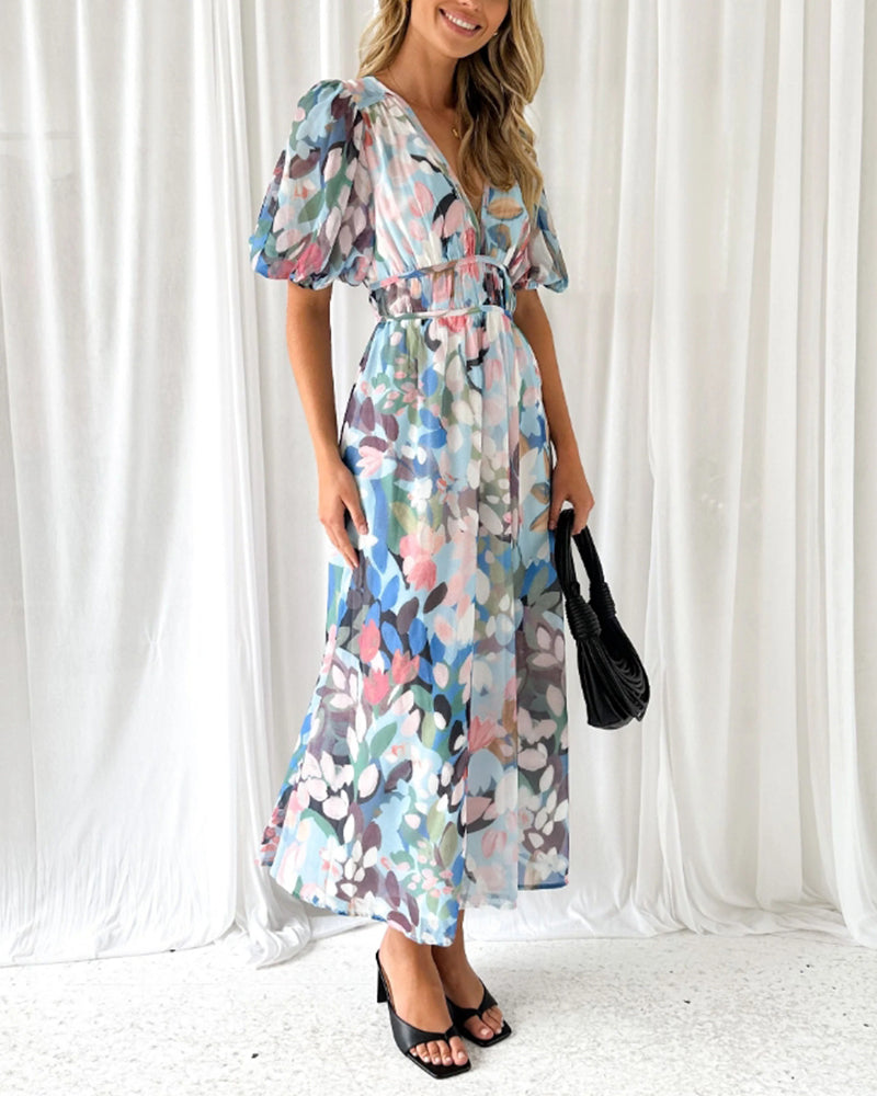 Floral Chiffon Deep V-Neck Long Sleeve Cut Out Maxi Dress 22