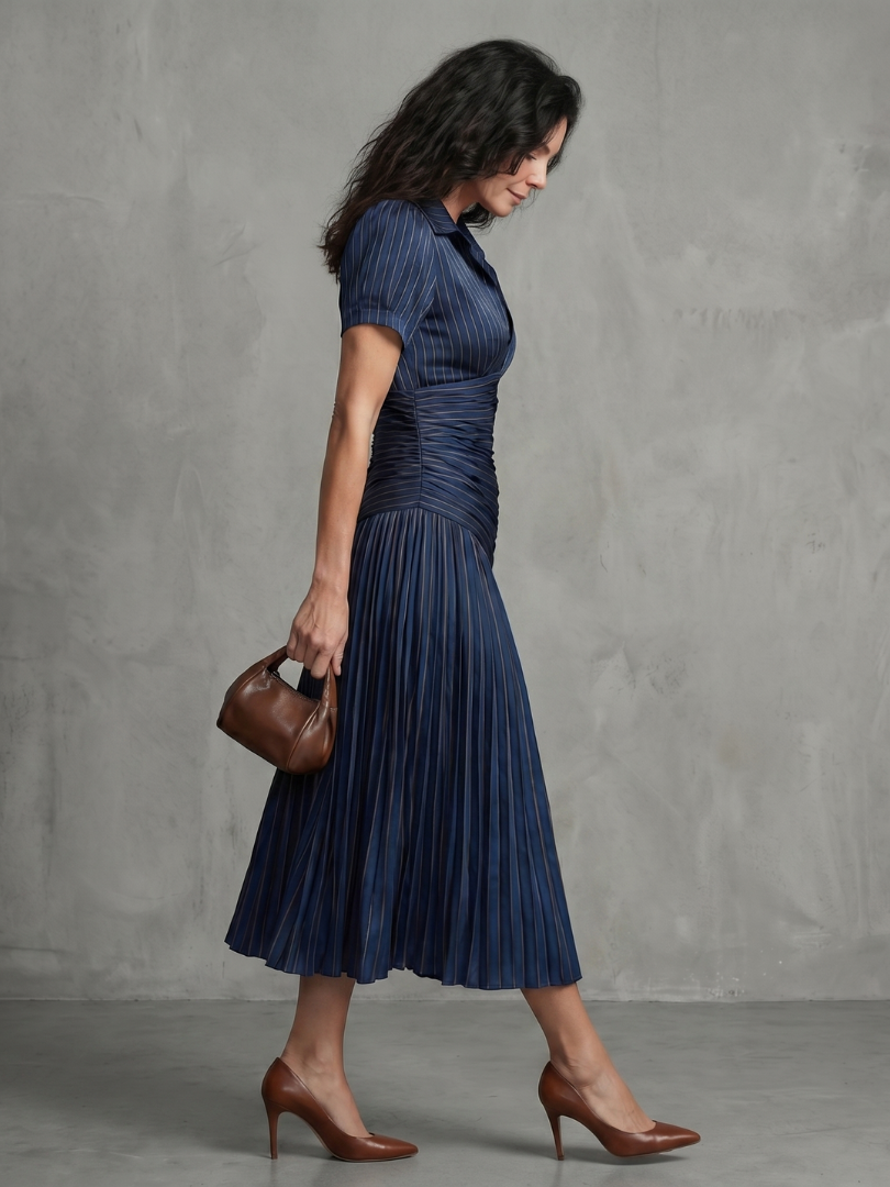 Collared V-Neck Short Sleeve Ruched Pleated Striped Midi Dress 3
