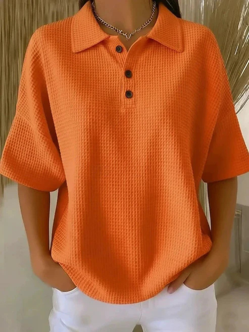 Waffle Knit Collared Short Sleeve Polo Top