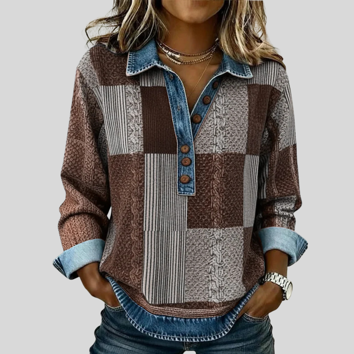 Patchwork Plaid Collared Quarter Button Long Sleeve Knit Pullover