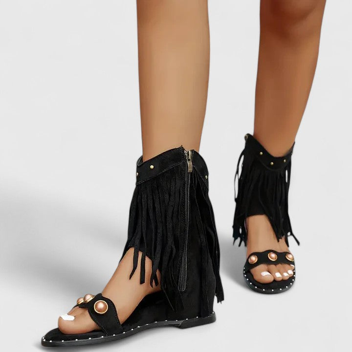 Fringe Open Toe Side Zip Wedge Sandals