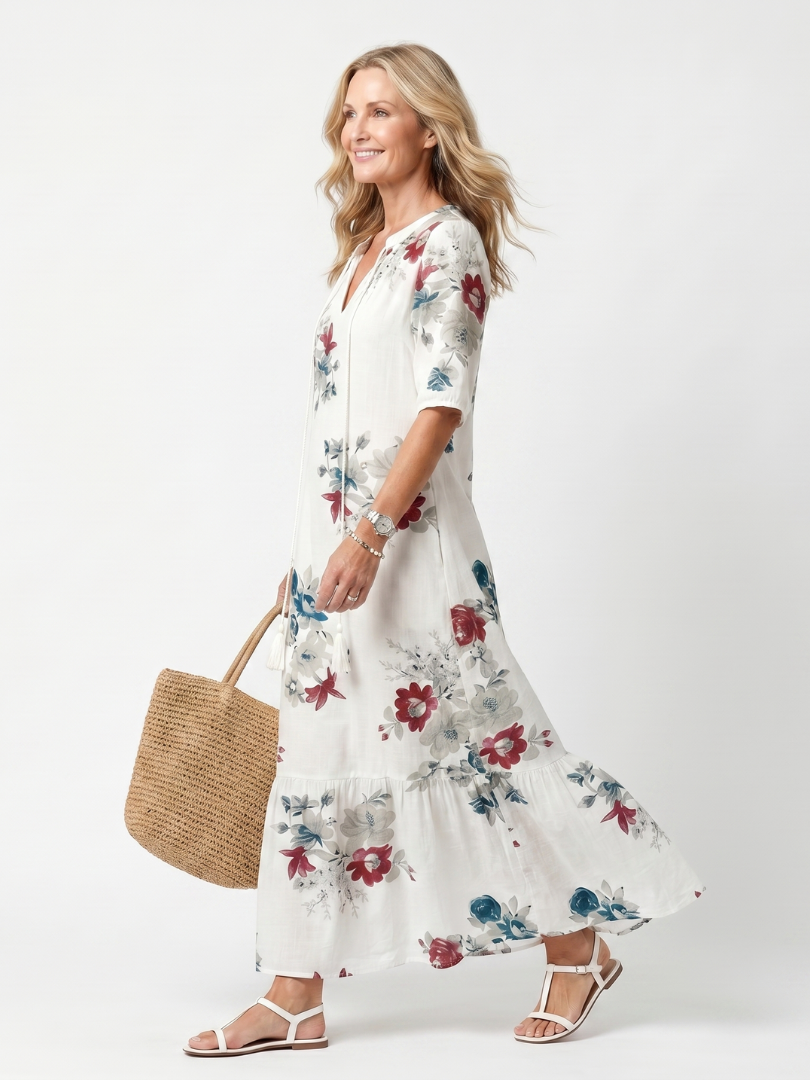 Floral V-Neck Tie Neck Short Sleeve Tiered Maxi Dress
