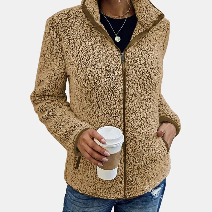 Zip Front Stand Collar Teddy Fleece Jacket