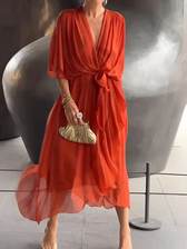 Chiffon Deep V-Neck Batwing Tie Waist High Low Midi Dress 3