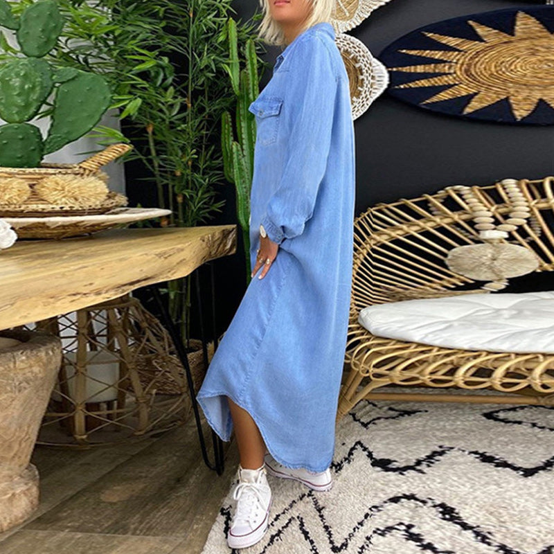 Denim Look Collared Button Front Long Sleeve Shirt Dress