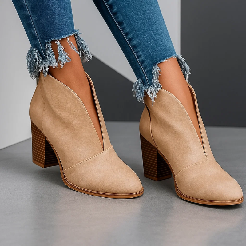 Pointed Toe Cut Out V Front Block Heel Ankle Boots 3