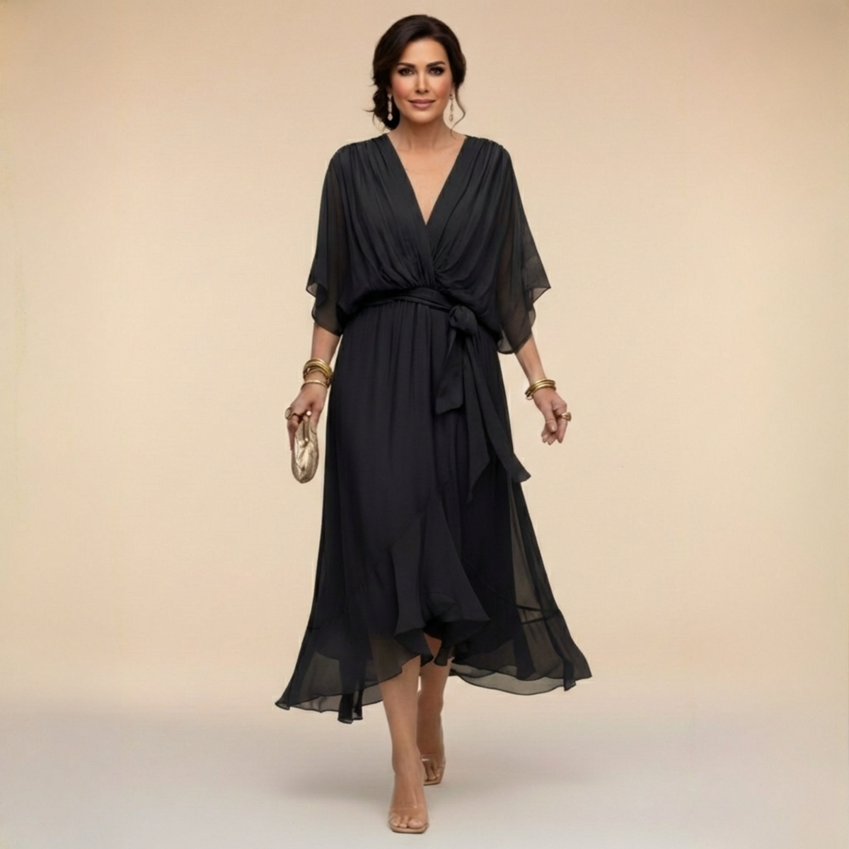 Deep V-Neck Kimono Sleeve Belted Ruffle Wrap Midi Dress