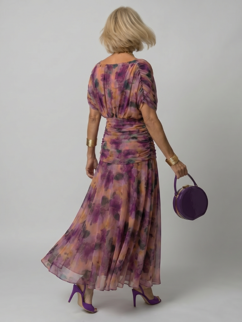 Floral Print Off Shoulder Twist Front Ruched Maxi Dress