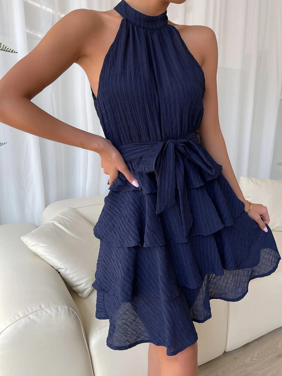Textured Halter Neck Sleeveless Tie Waist Tiered Ruffle Mini Dress 3