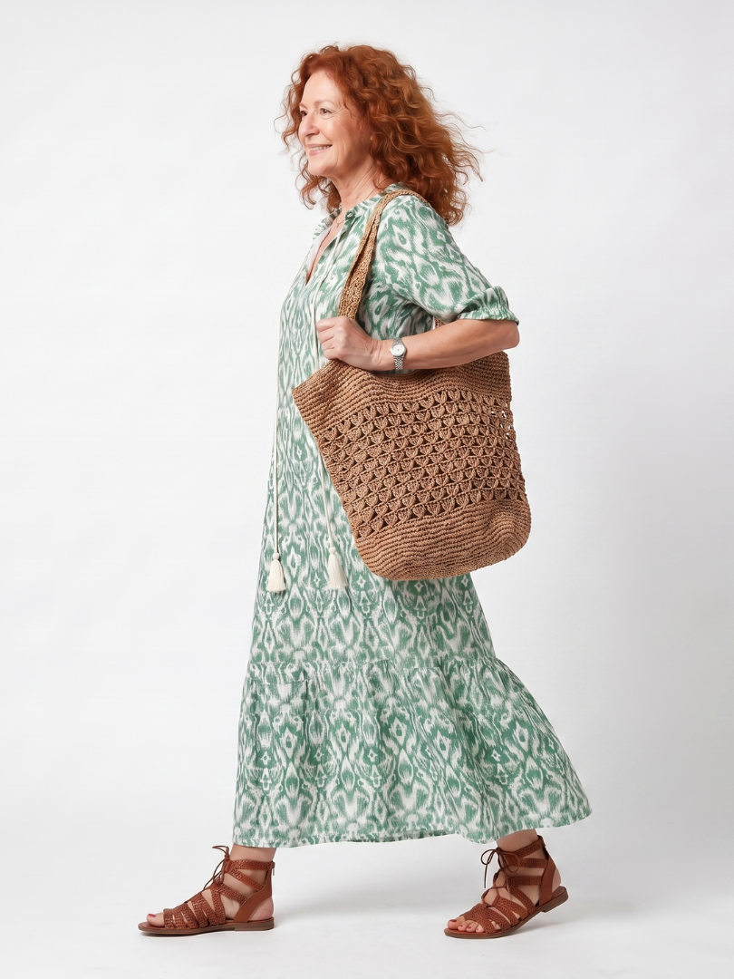 Ikat Print V-Neck Tassel Tie Tiered Midi Dress